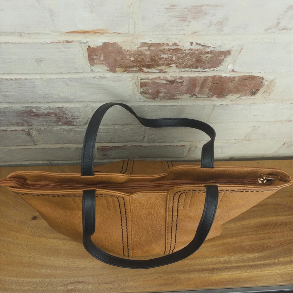 Montana West Tote Bag Camel Whipstitch Western Boho Purse Black Straps Gold Tone